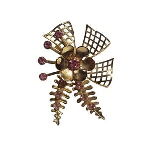 Vintage Mid-century Modern Goldtone Ribbon & Pink Rhinestone Flower Brooch